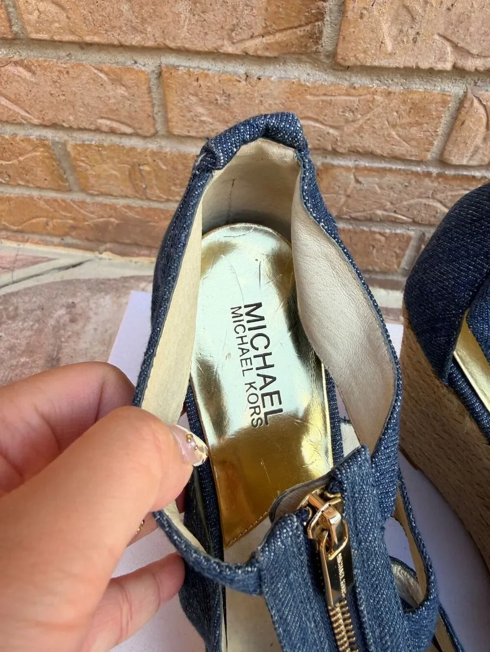 Michael Kors Denim Espadrille Wedge Sandals Gold Zip Front